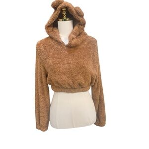 SHEIN Women’s Teddy Bear Fleece Cropped Hoodie Brown Petite Medium